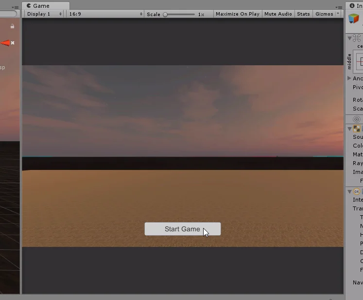 interfaz gráfica simple del juego en unity 3d. botón start Game. escena de juego con un atardecer, suelo de cesped
