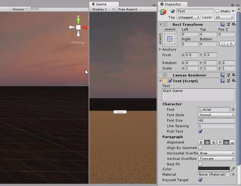 inspector de unity 3d con un gameobject tipo texto seleccionado. Escena de juego con un atardecer, suelo de cesped y un boton que dice start game.