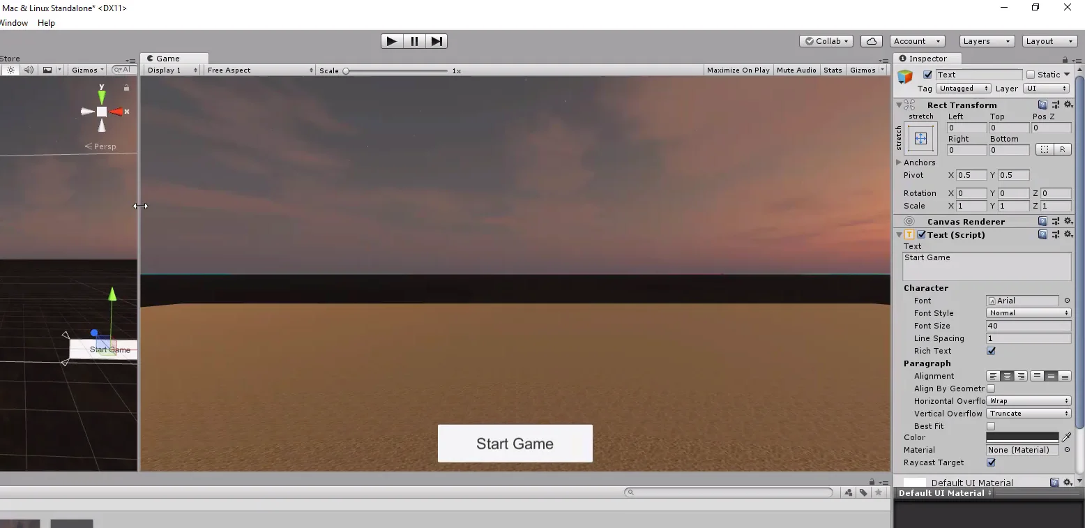 inspector de unity 3d con un gameobject tipo texto seleccionado. Escena de juego con un atardecer, suelo de cesped y un boton que dice start game.