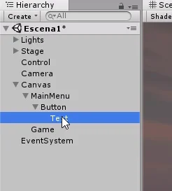 texto de un boton en unity 3d, crear una interfaz grafica. jerarquia de unity 3d con algunos objetos