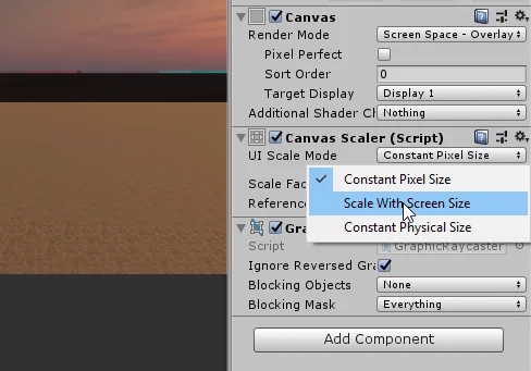 Componente Canvas Scaler de un objeto tipo Canvas en Unity
