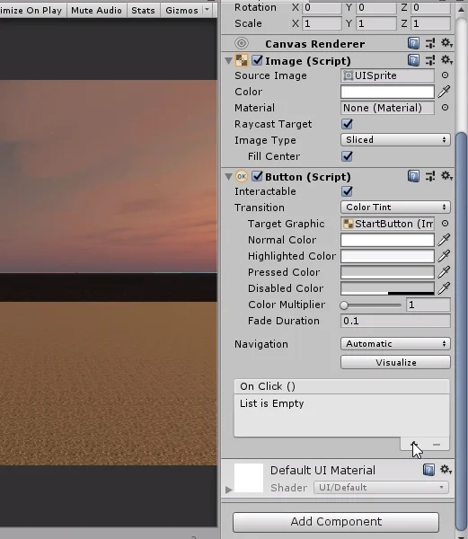 inspector en unity 3d con un botón de la interfaz de usuario seleccionado