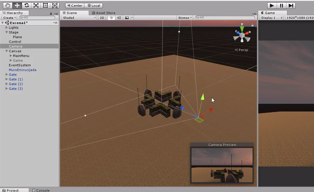 escena en unity 3d vista superior, el suelo es de cesped