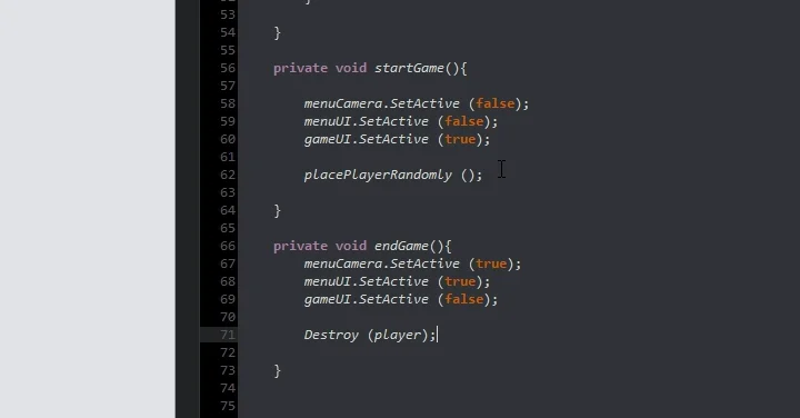 script c# para unity 3d metodos startGame y endGame para empezar y terminar juego respectivamente