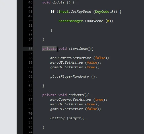 script c# para unity 3d metodos startGame y endGame para empezar y terminar juego respectivamente. control de la interfaz de usuario