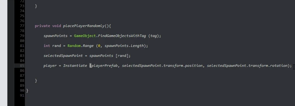 script c# para unity 3d metodo placePlayerRandomly para colocar al jugador aleatoriamente en el escenario