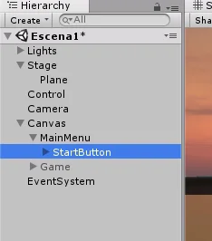 jerarquía en unity 3d con game objects, esta seleccionado el boton start de la interfaz de usuario
