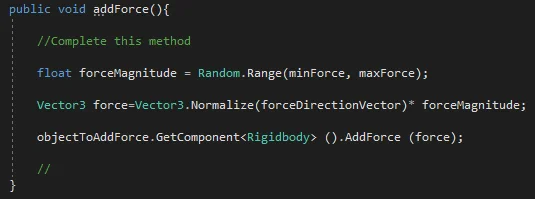 Se observa un método en lenguaje C# con el nombre "addForce". El método corresponde a un proyecto en Unity3d, en el que se estudia cómo aplicar fuerzas a los GameObjects.
