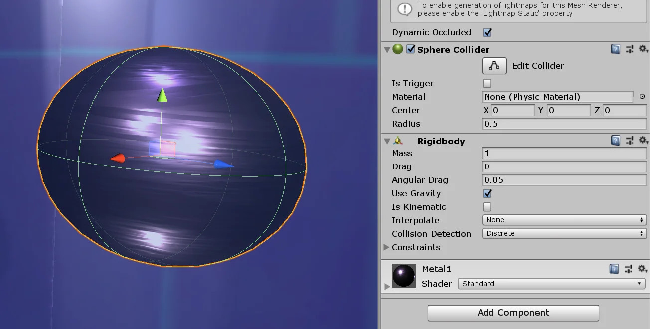 To the left, the sphere of the station "AddForce". On the right, its components are displayed in the inspector. Between them there is a RigidBody component that will give you physical behavior.