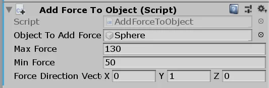 Inspector de un proyecto en Unity3D, se observa la componente "AddForceToObject" que se encargará de aplicar una fuerza sobre el GameObject.