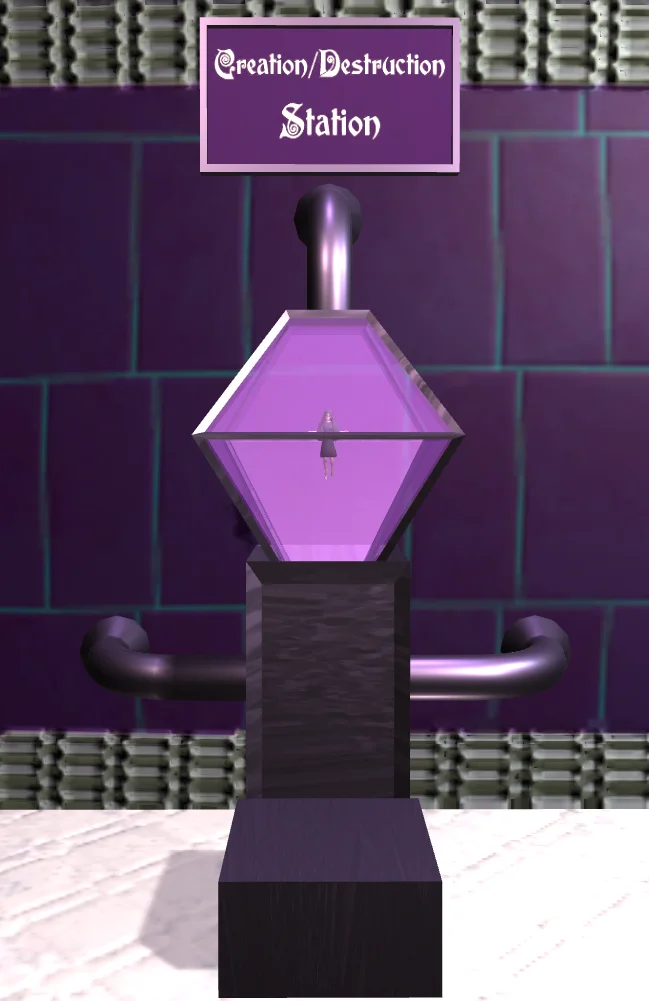 unity 3d project, 3d model made in blender of a capsule with a small person inside. on the wall a sign that says: creation/destruction station". methods instantiate and destroy in unity