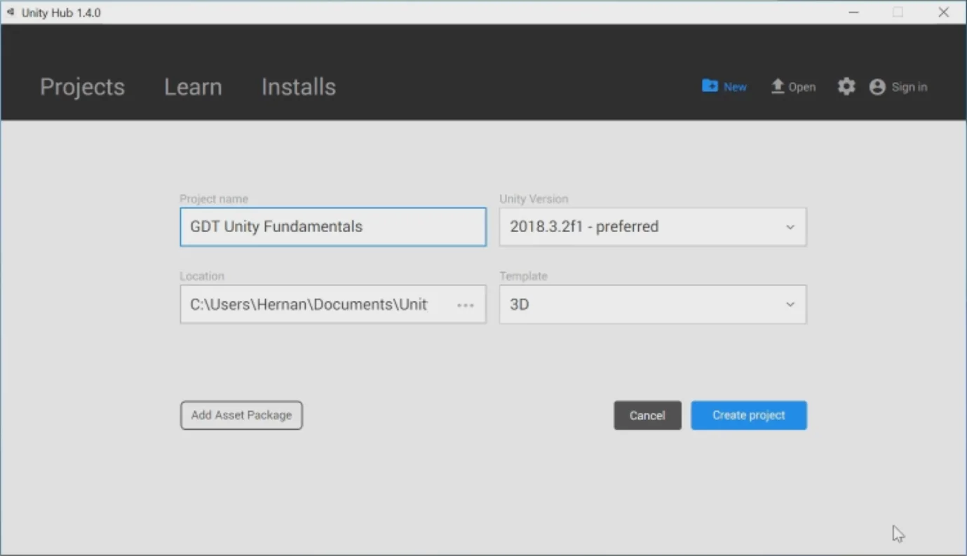 ventana de creacion de nuevo proyecto en unity hub