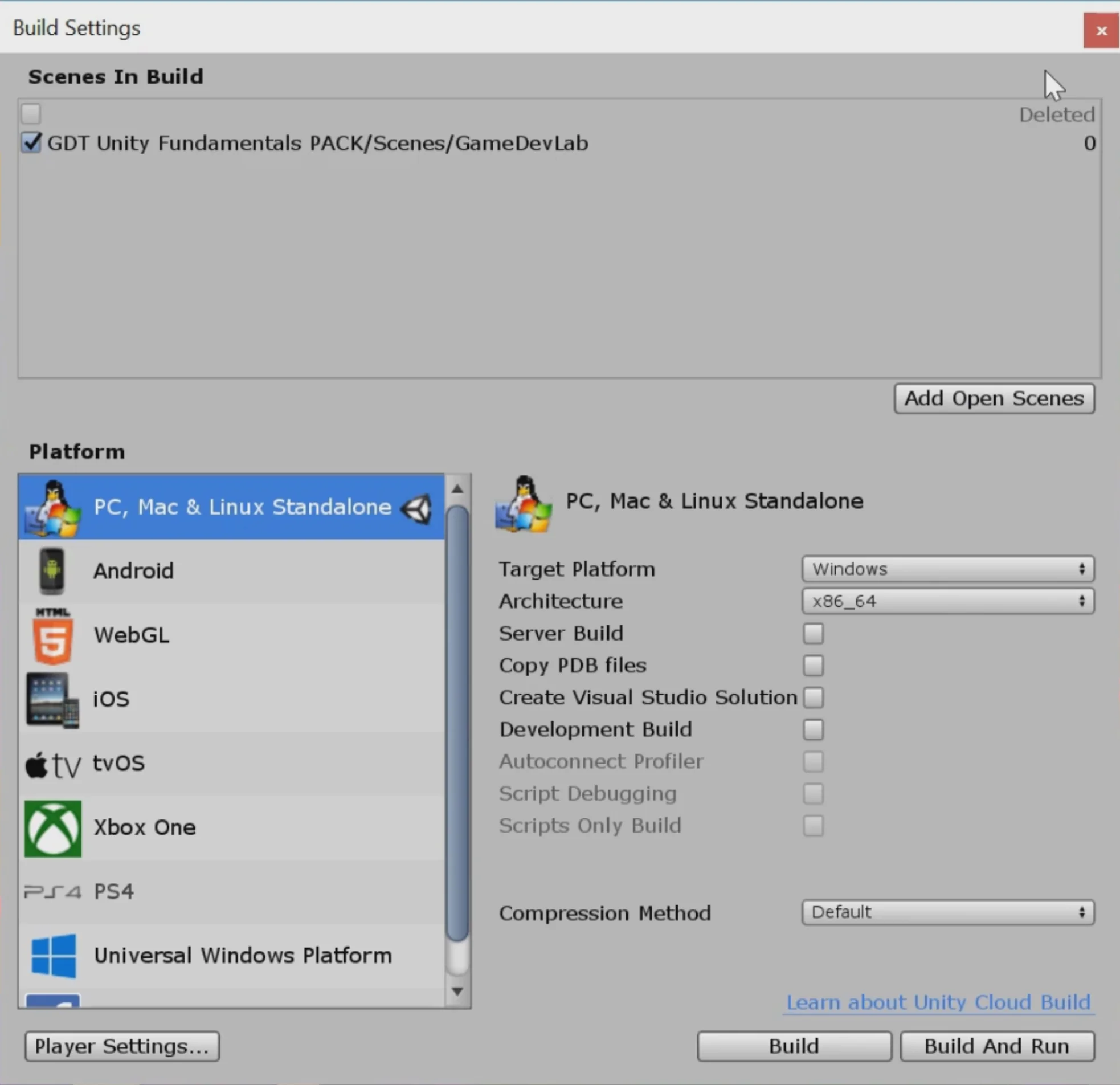 ventana build settings de unity 3d