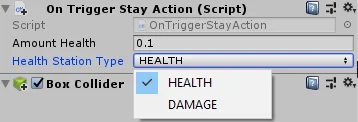 component script "OnTriggerStay Action" displayed in inspector in Unity3D. Drop-down menu with health and damage options