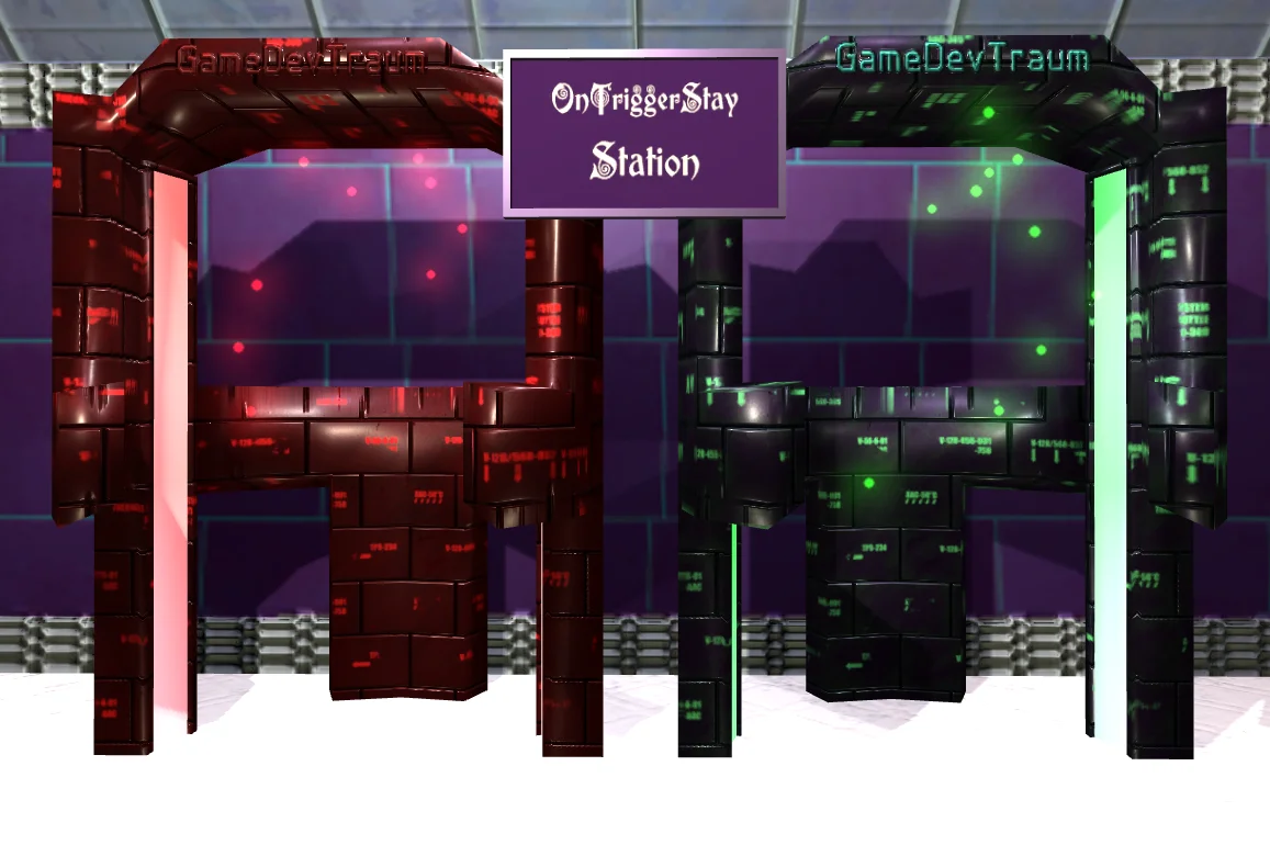 modelos 3d similares a detector de metal. En el centro un cartel que dice "OnTriggerStay Station".