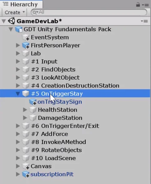 la jerarquía de la escena "GameDevLab" de un proyecto en Unity3D.