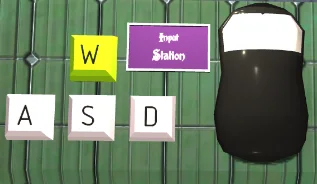 proyecto unity3d modelo 3d hecho en blender de las teclas wasd, un mouse y un cartel que dice input station. la tecla w está en color verde