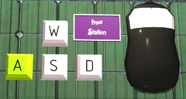 proyecto unity3d modelo 3d hecho en blender de las teclas wasd, un mouse y un cartel que dice input station. la tecla a está en color verde