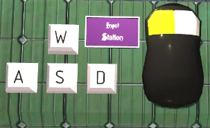 proyecto unity3d modelo 3d hecho en blender de las teclas wasd, un mouse y un cartel que dice input station. el clic izquierdo está en color verde