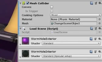 componentes del gameobject, el script loadscene se usa para cargar una escena en unity