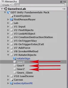 Unity 3d hierarchy, three arrows point to the gears gameobjects