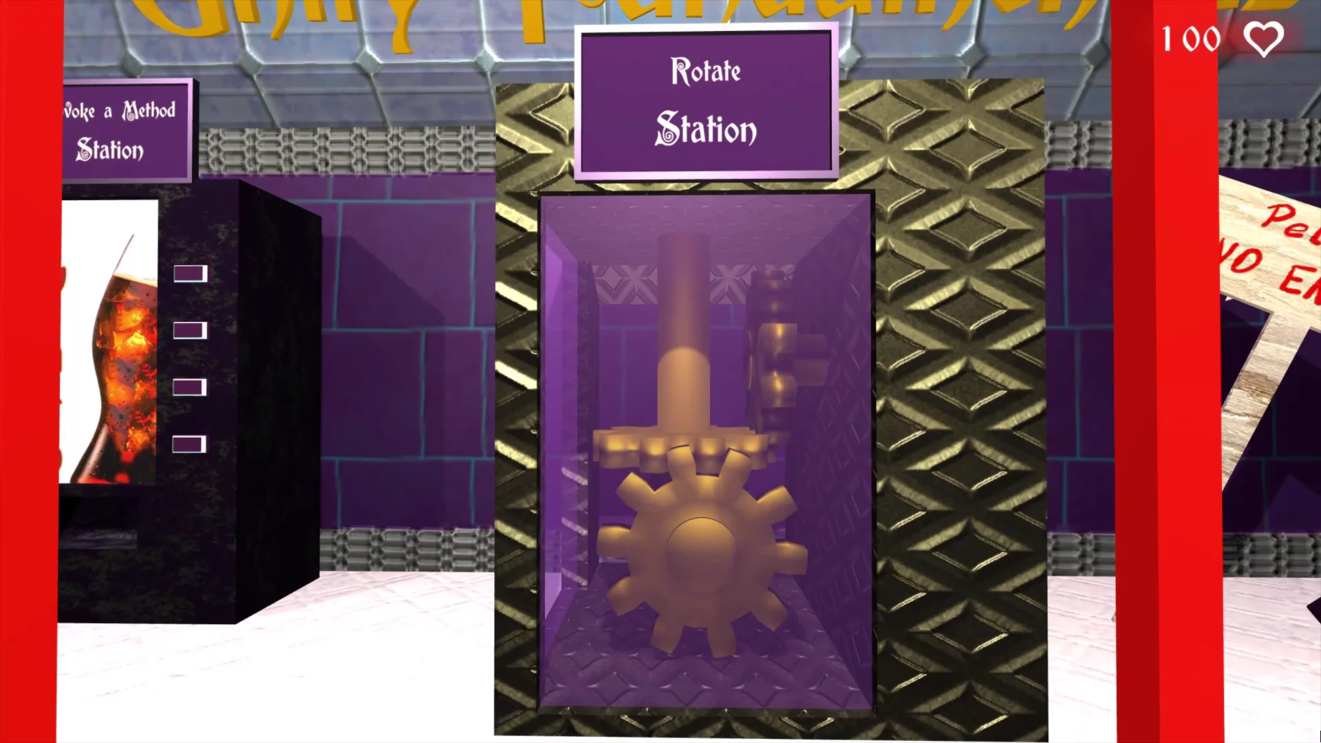 exercise to rotate objects in unity 3d, box with golden gears to apply method rotate of class transform. The poster says rotate station