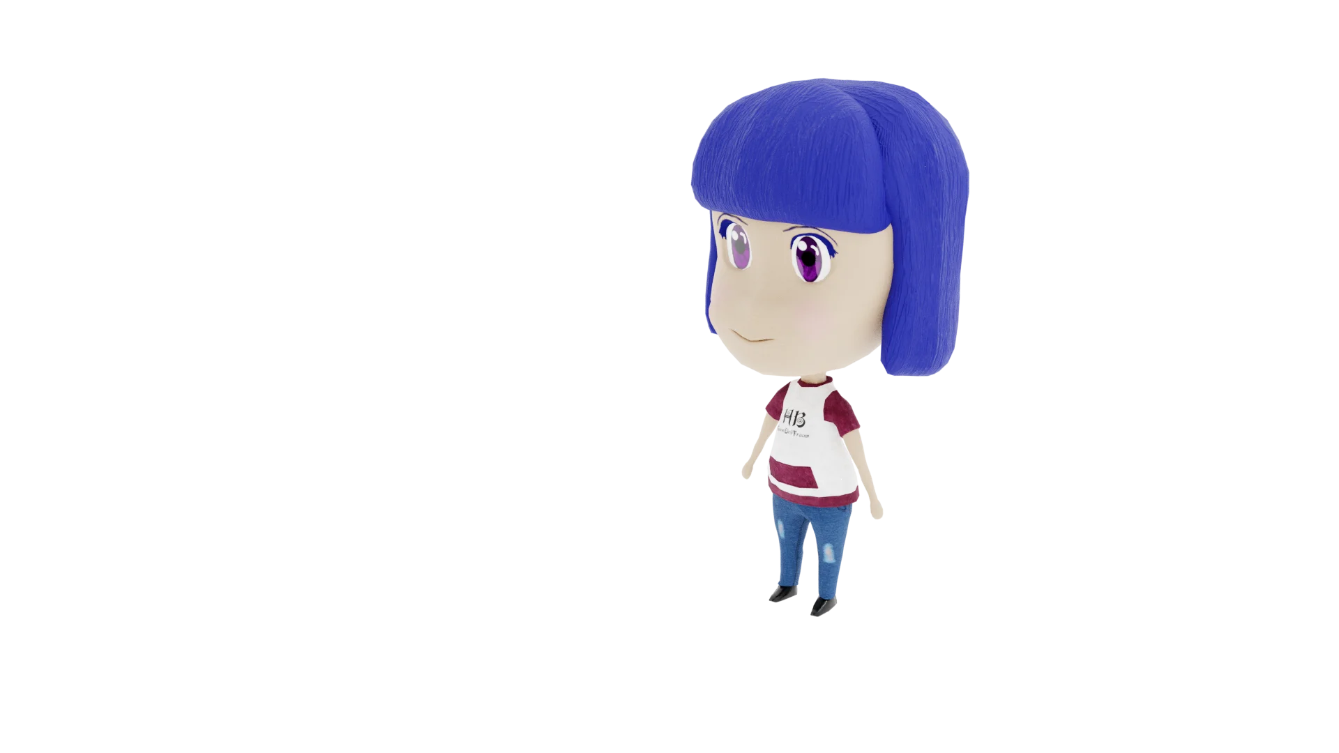 modelo 3d hecho en blender de anime achibi, niña con lentes, pelo azul y remera blanca