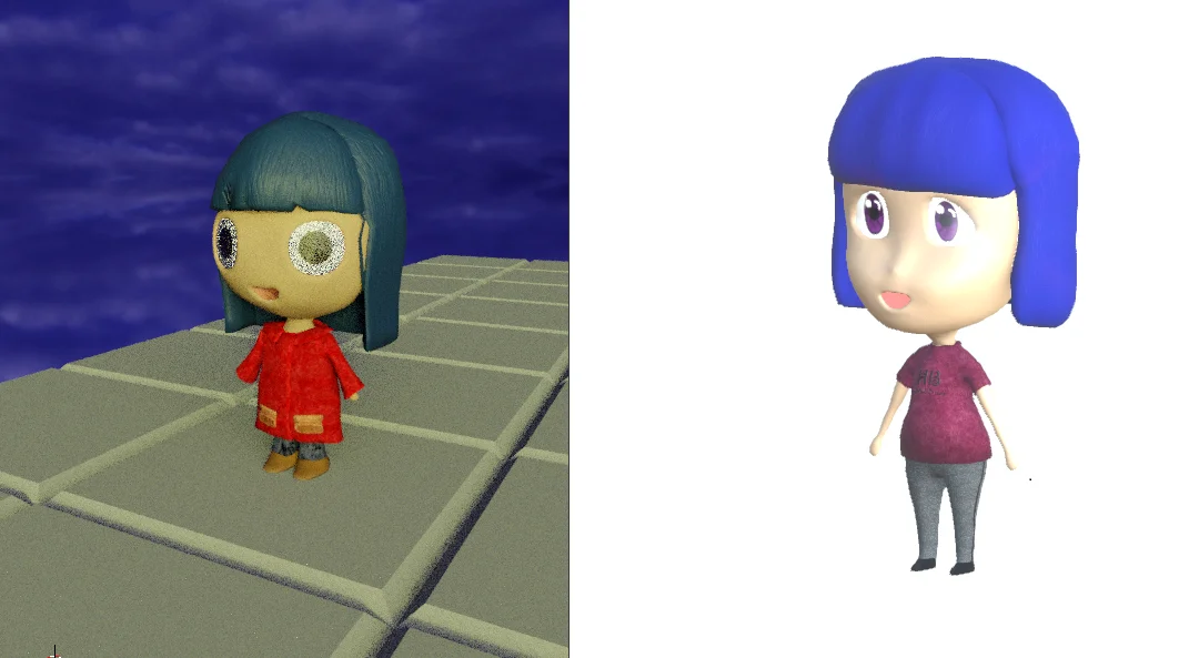 comparación de modelos hechos en blender antes y después, animé chibi  niña con lentes, pelo azul y saco rojo