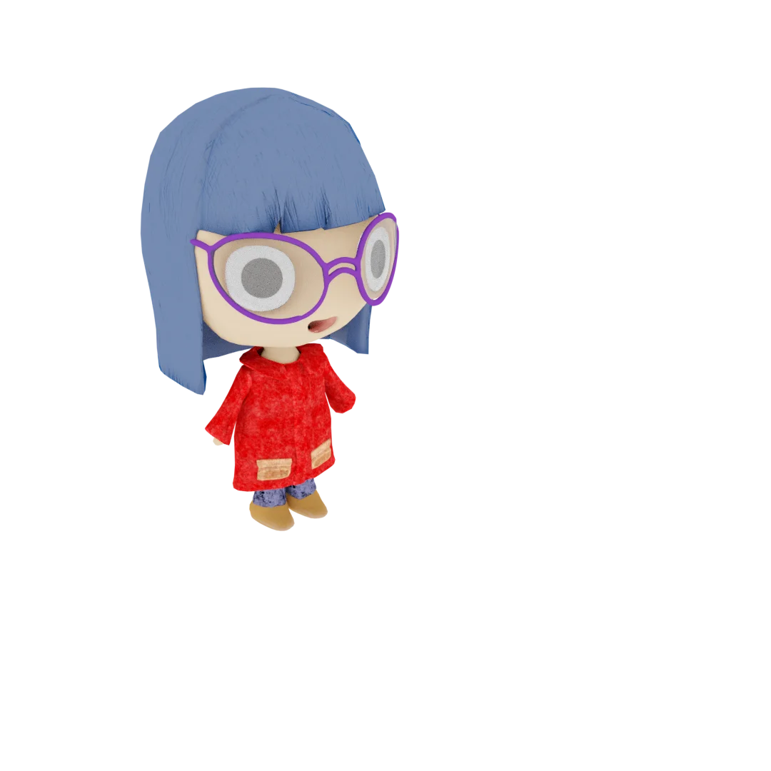 modelo 3d hecho en blender de anime achibi, niña con lentes, pelo azul y saco rojo